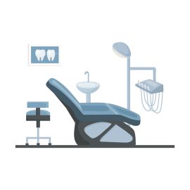 Dental office with special medical chair and instruments for treatment and examination of patients. vector flat banner